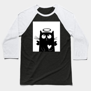 Cute black cat with angle collar and white heart Baseball T-Shirt